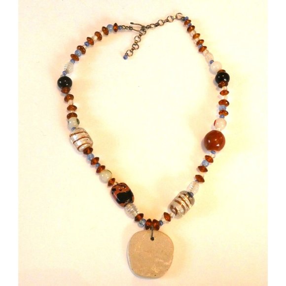 Vintage Art Glass Beaded Necklace with Pottery Flower Pendant - Picture 10 of 12